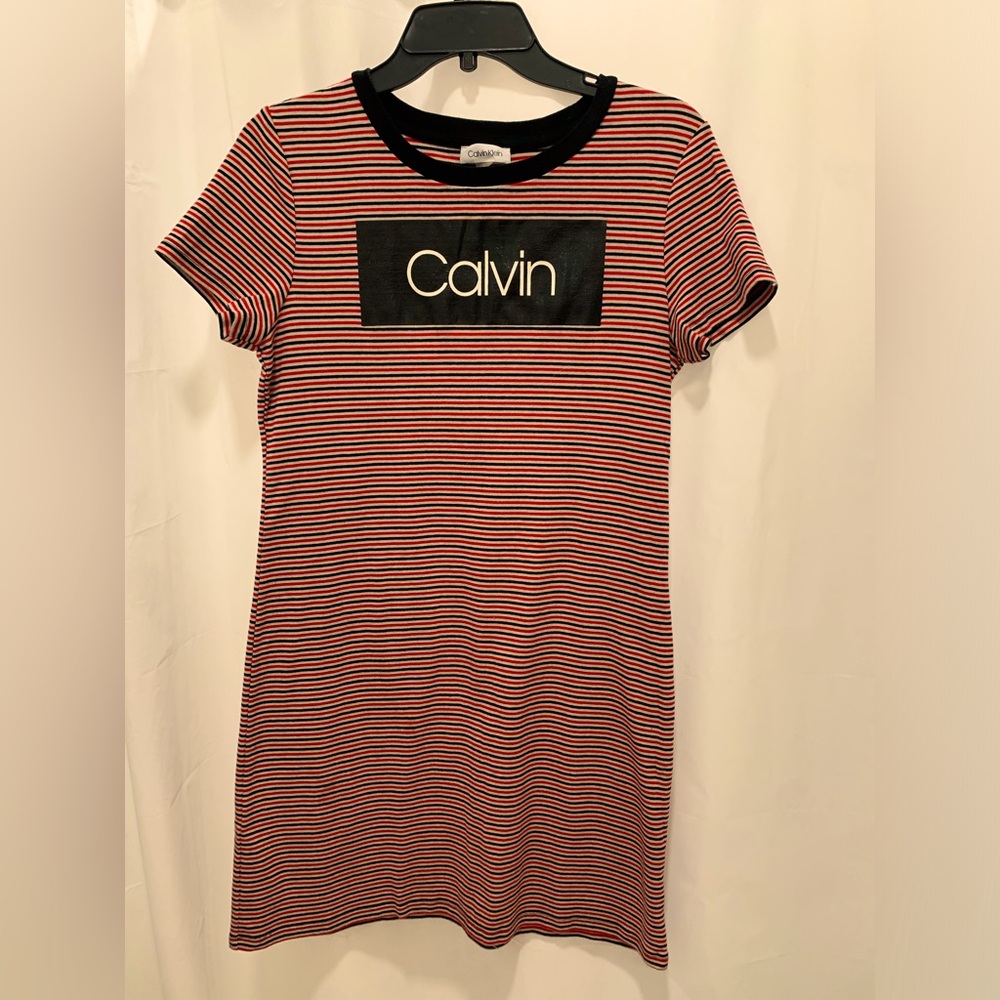 Calvin Klein Stripe Logo T-Shirt dress Medium, Basic Retro Mini Casual, y2k, 90s